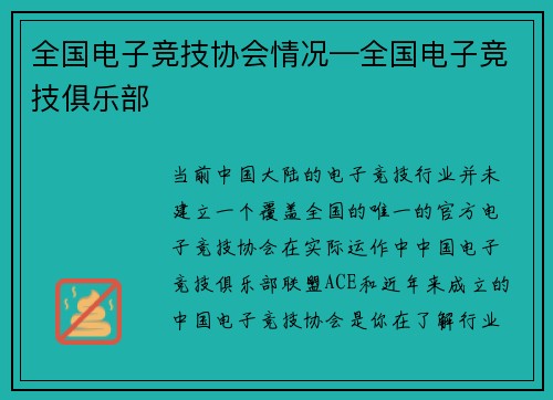 全国电子竞技协会情况—全国电子竞技俱乐部